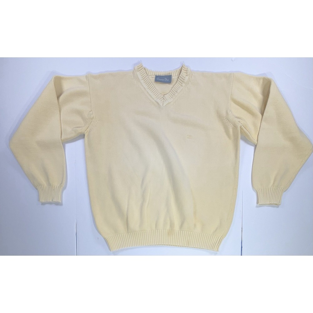 Vintage Christian Dior V Neck Knit Sweater Yellow CD Logo Made in Argentina